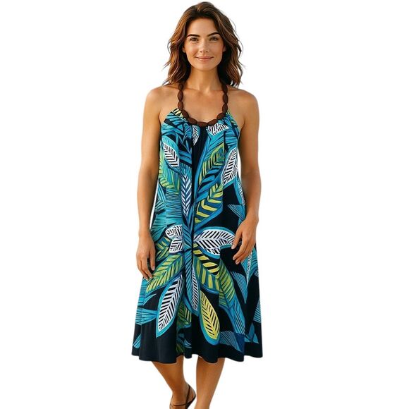 vtg Y2K Halter Midi Dress Hawaiian resort cruise wear beach Wooden Beads Sz XL - Picture 1 of 11
